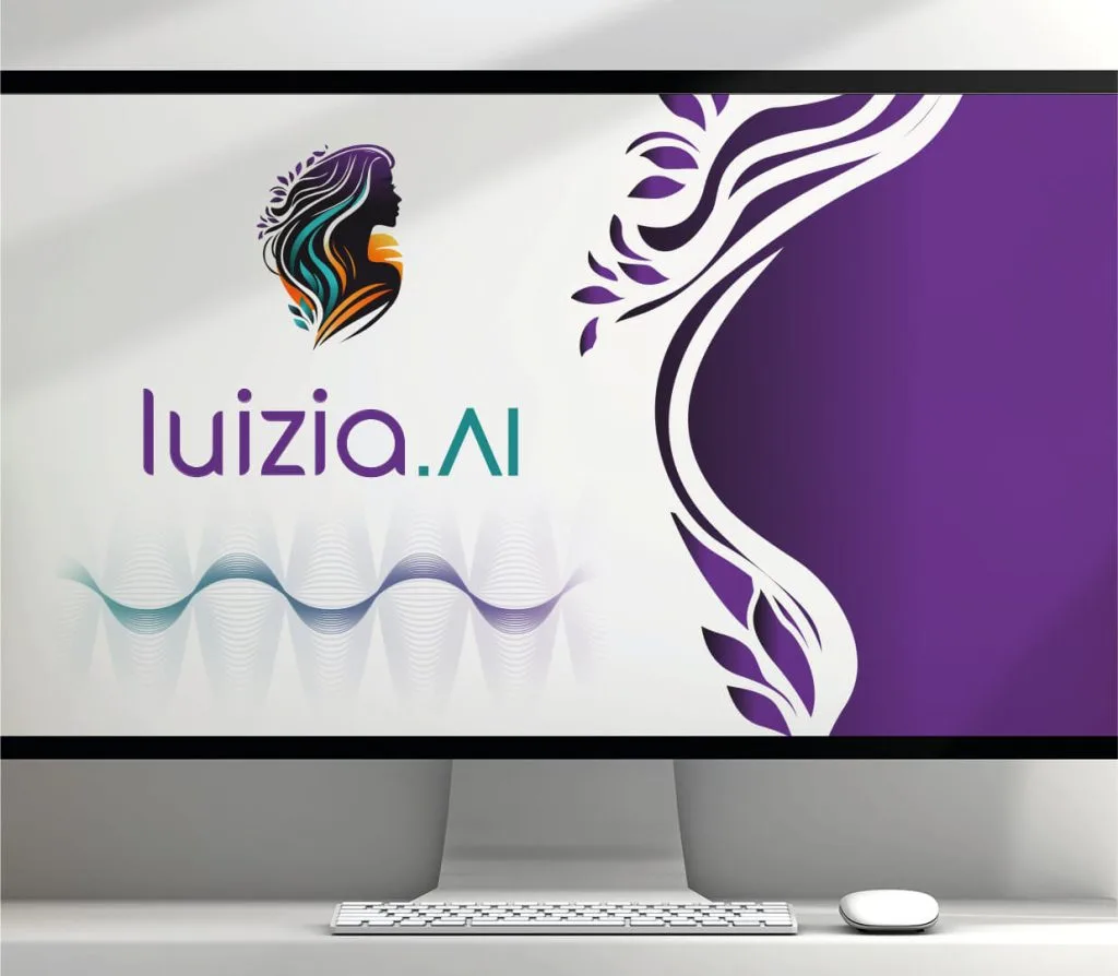 Logo Luizia.AI em tela de computador, com ondas sonoras e grafismo de cabelo em roxo